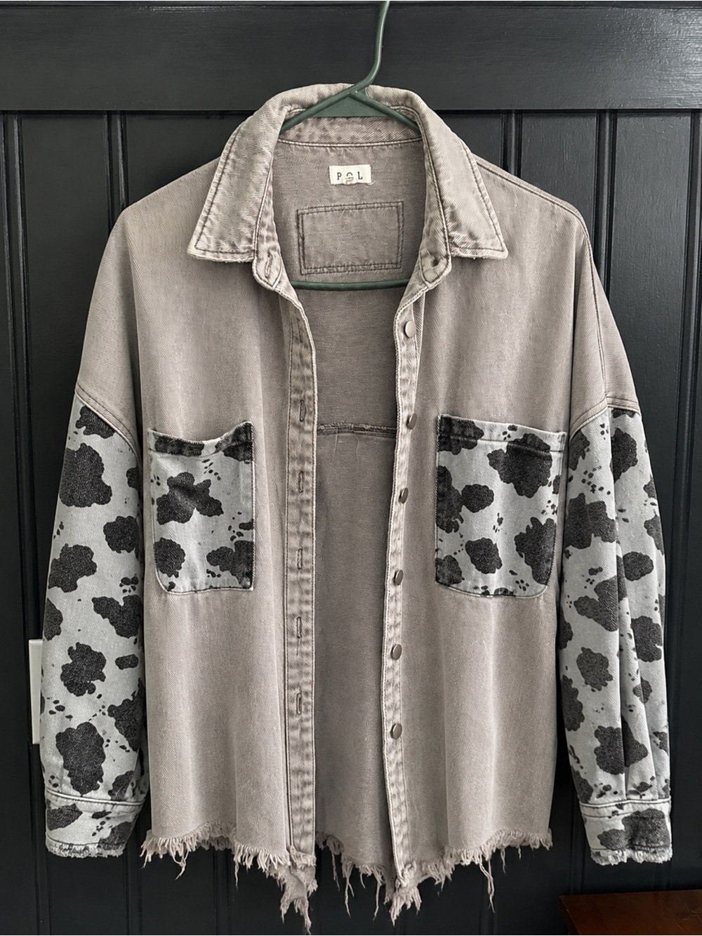 POL Distressed Grey Denim Jean Boutique Jacket with Black Cow Print Pockets